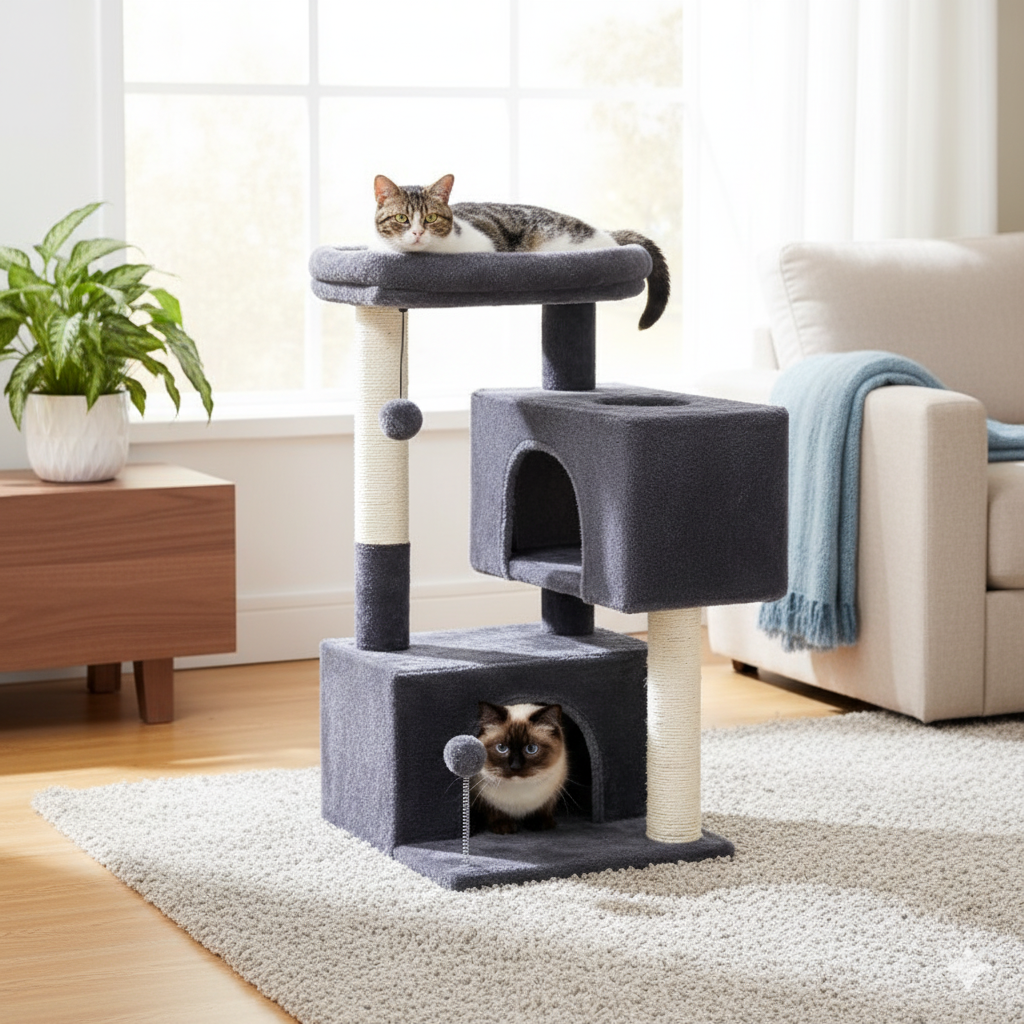 Arbre à chat noir 82 cm avec niches spacieuses et jouet