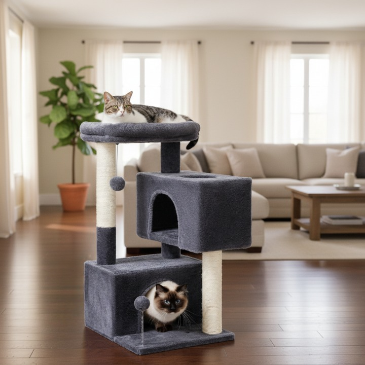 Arbre à chat noir 82 cm avec niches spacieuses et jouet