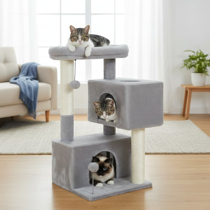 Arbre à chat gris 82 cm avec niches spacieuses et jouet