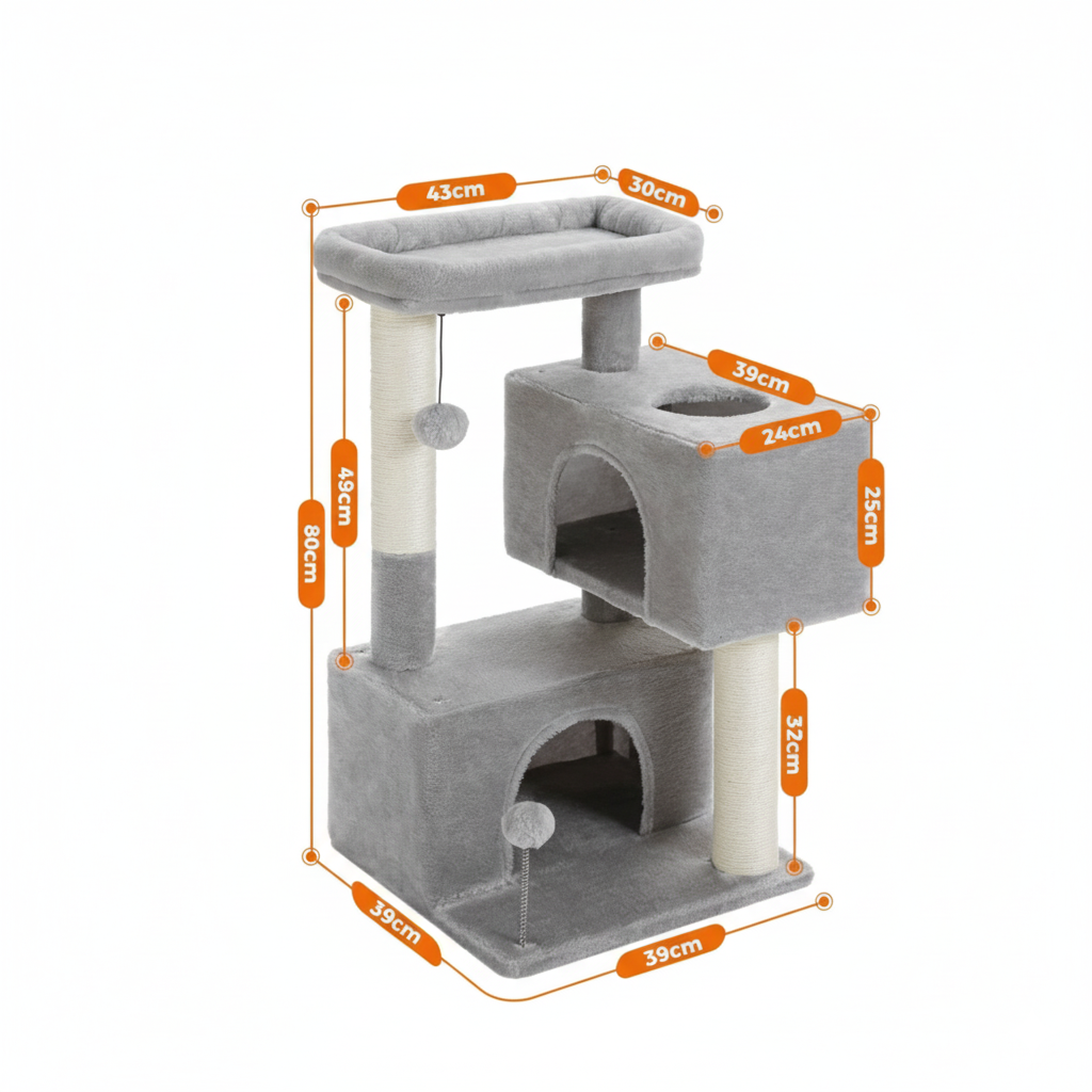 Arbre à Chat gris 82 cm avec Perchoir Amovible, Jouet à Ressort et 2 Niches Spacieuses