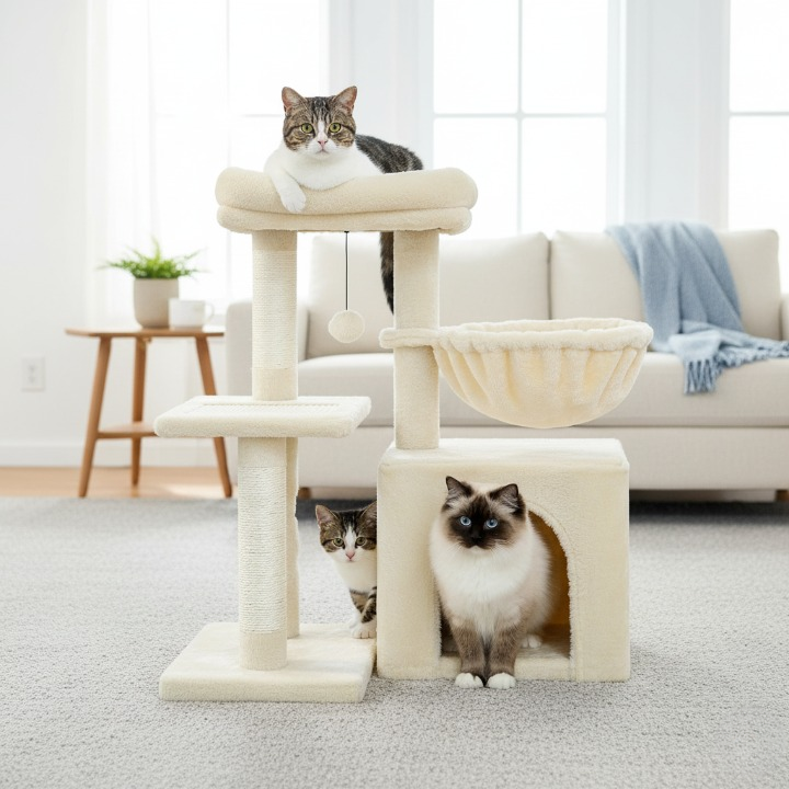 Arbre à Chat beige 73 cm avec Griffoir en Sisal, Hamac Confortable, Niche Spacieuse et Jouets