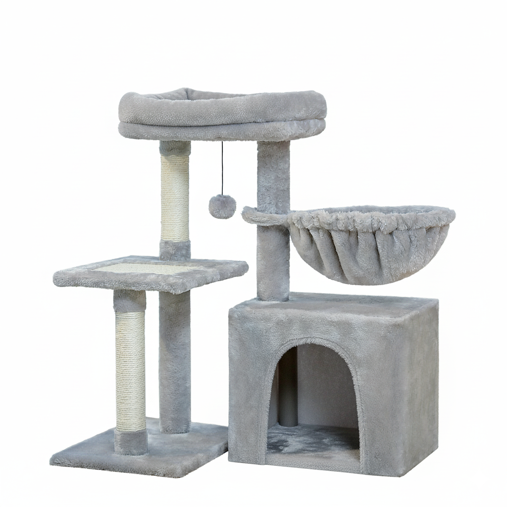 Arbre à Chat gris 73 cm avec Griffoir en Sisal, Hamac Confortable, Niche Spacieuse et Jouets