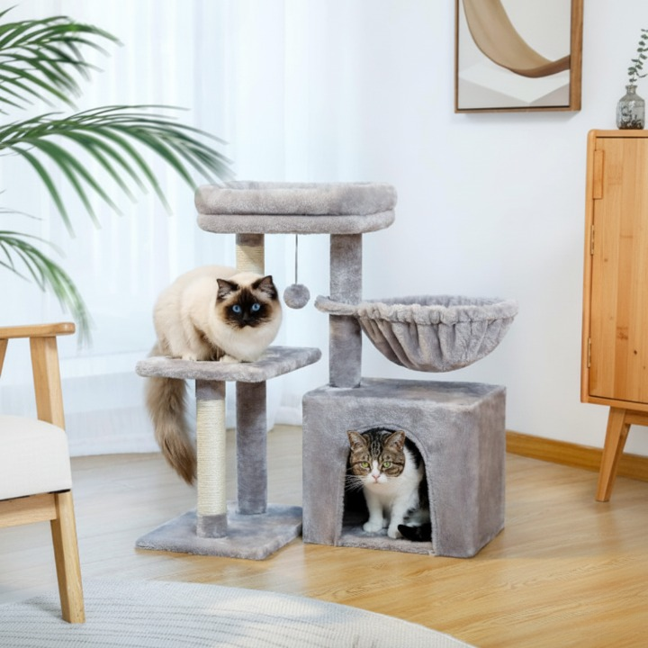 Arbre à Chat gris 73 cm avec Griffoir en Sisal, Hamac Confortable, Niche Spacieuse et Jouets