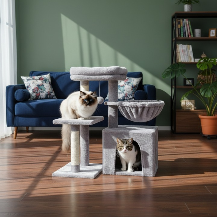 Arbre à chat gris 73 cm avec hamac confortable et niche