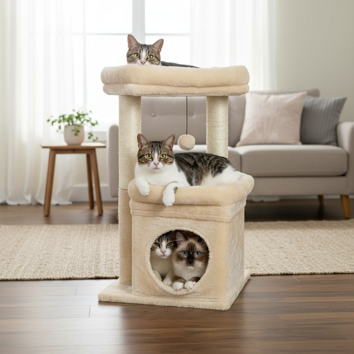 Arbre à Chat Beige Multifonction avec Niche, Griffoirs Naturels et Jouet Suspendu
