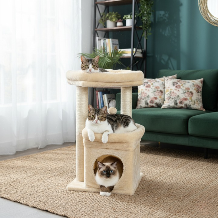Arbre à Chat Beige Multifonction avec Niche, Griffoirs Naturels et Jouet Suspendu
