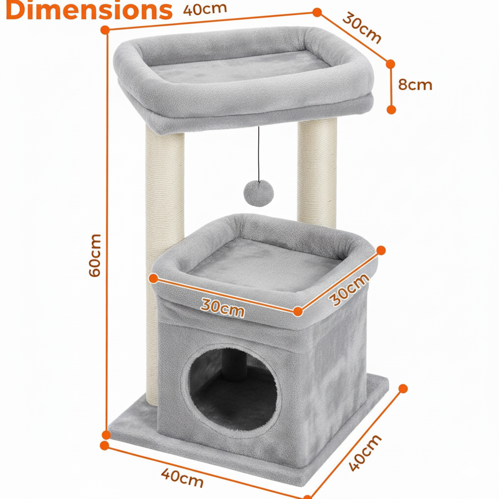 Arbre à Chat Gris Multifonction avec Niche, Griffoirs Naturels et Jouet Suspendu