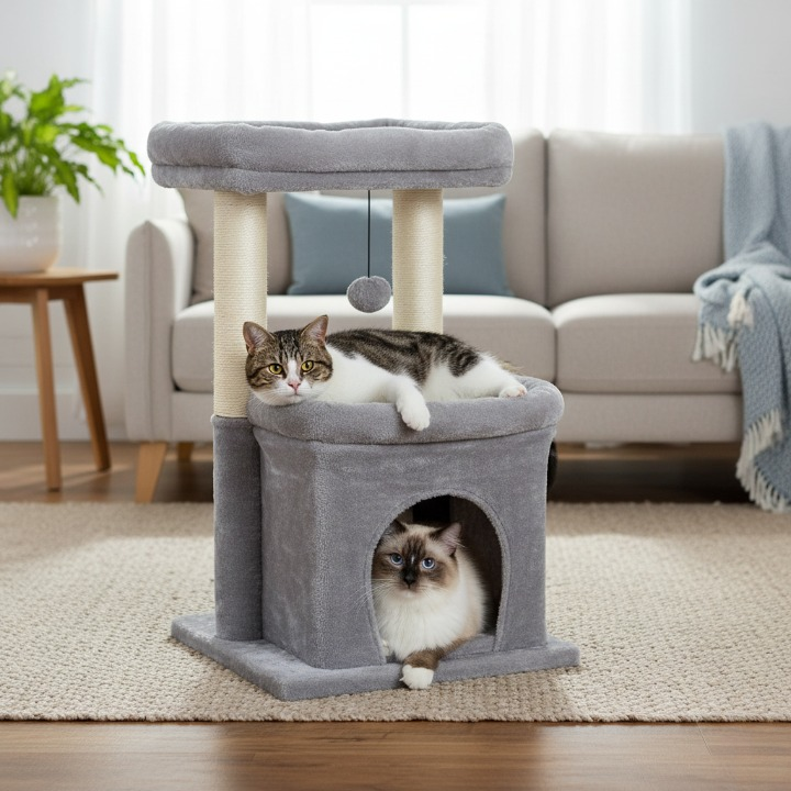 Arbre à chat gris multifonction avec niche et griffoirs