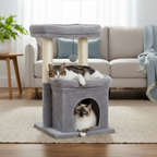 Arbre à Chat Gris Multifonction avec Niche, Griffoirs Naturels et Jouet Suspendu