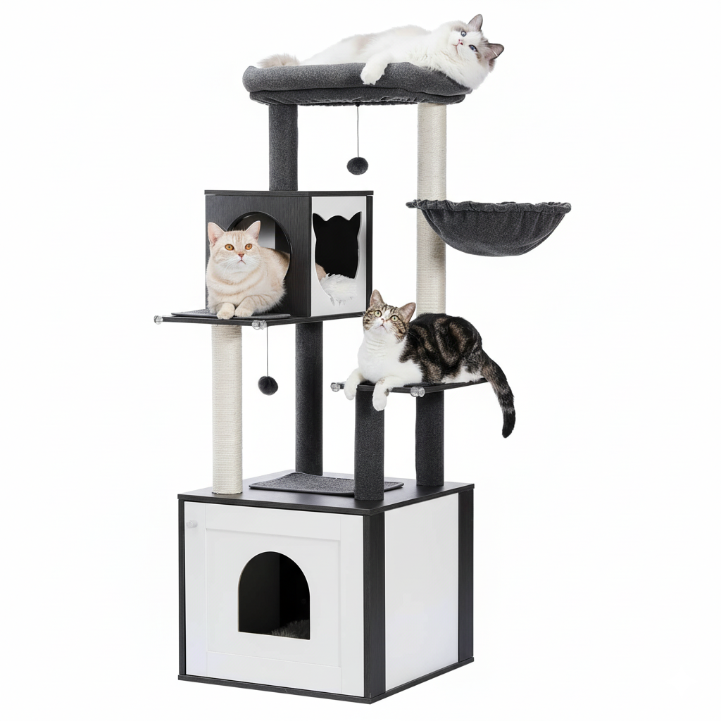 Arbre à chat noir multi-niveaux bois avec hamac, niche et jouets