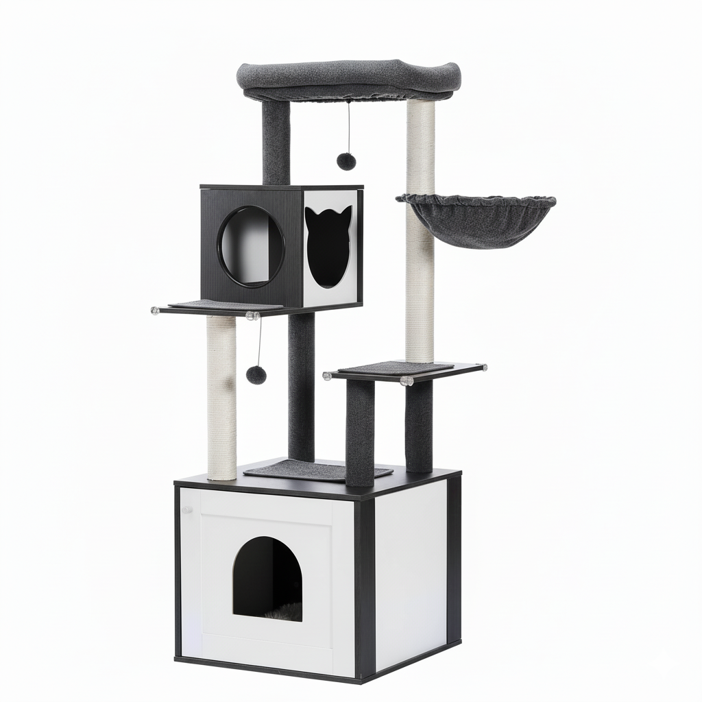 Arbre à chat noir multi-niveaux bois avec hamac, niche et jouets