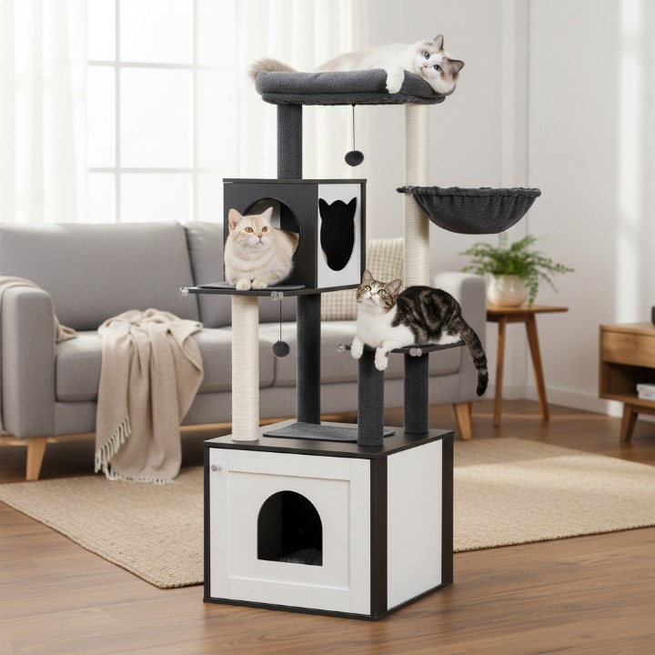 Arbre à Chat Noir et Blanc Multi-Niveaux en Bois avec Griffoirs, Niche Spacieuse, Hamac, Perchoir et Jouets