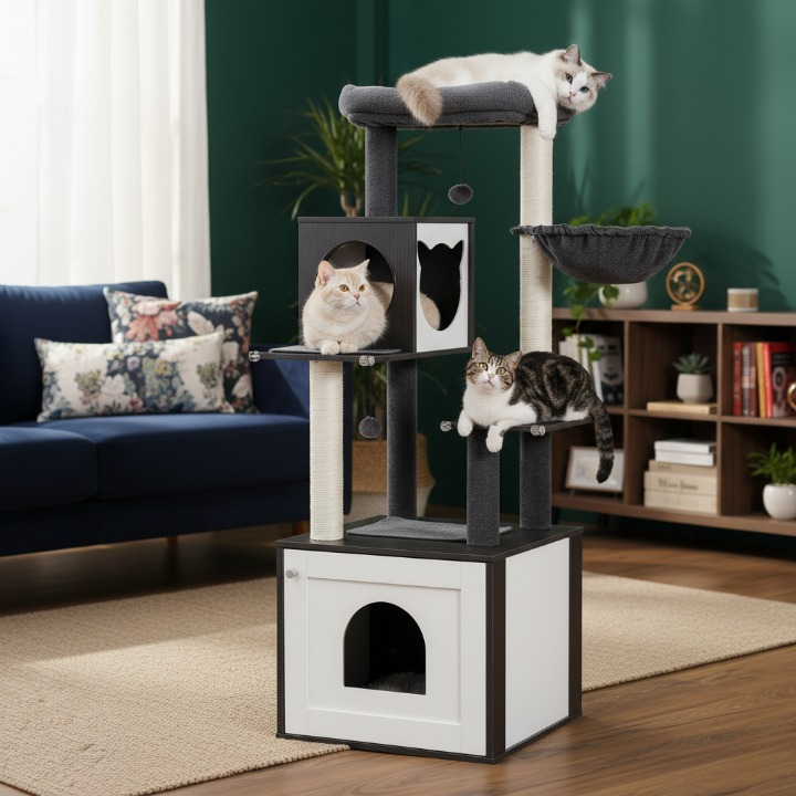 Arbre à chat noir multi-niveaux bois avec hamac, niche et jouets