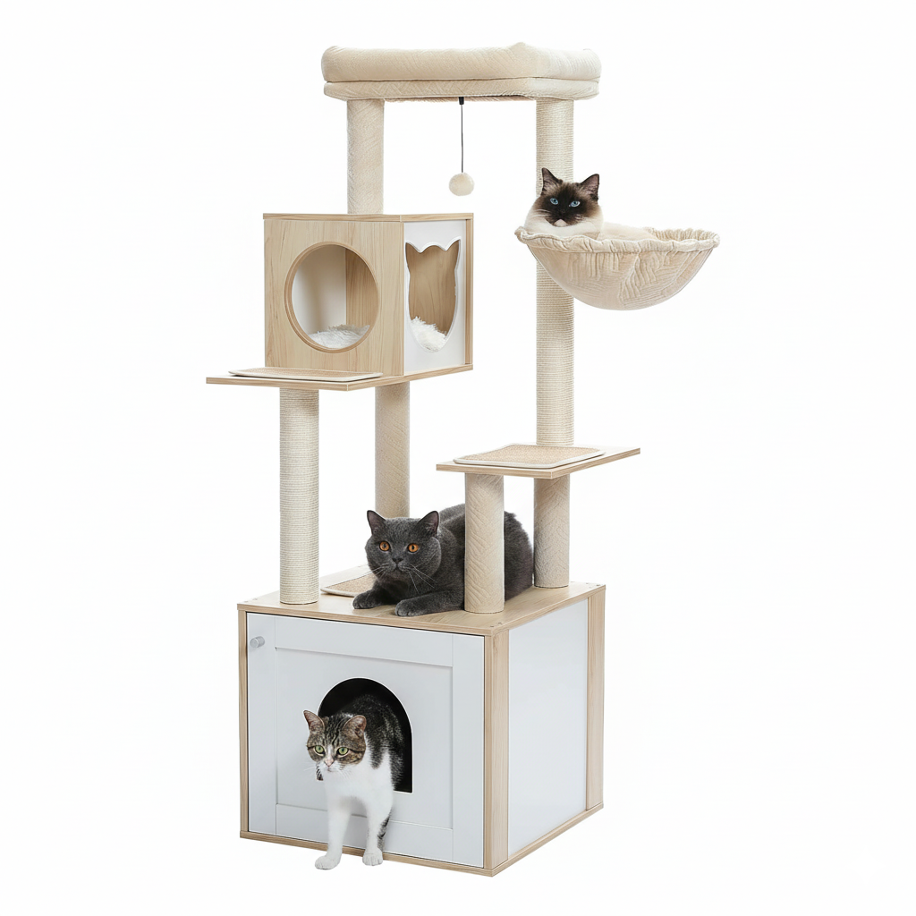 Arbre à Chat Beige et Blanc Multi-Niveaux en Bois avec Griffoirs, Niche Spacieuse, Hamac, Perchoir et Jouets
