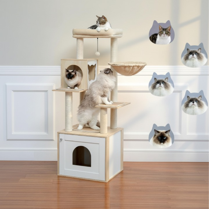 Arbre à Chat Beige et Blanc Multi-Niveaux en Bois avec Griffoirs, Niche Spacieuse, Hamac, Perchoir et Jouets