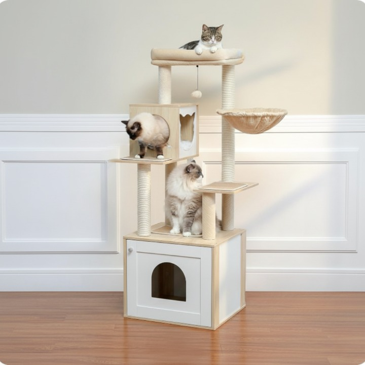 Arbre à Chat Beige et Blanc Multi-Niveaux en Bois avec Griffoirs, Niche Spacieuse, Hamac, Perchoir et Jouets