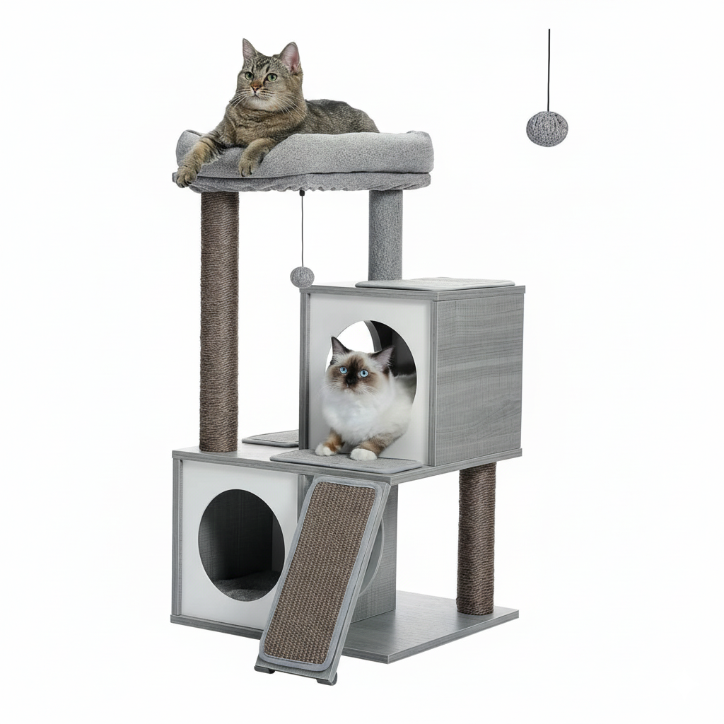 Arbre à chat gris 130 cm avec niches, hamac et griffoirs sisal