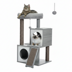 Arbre à Chat Gris 130 cm avec 2 Niches, Hamac Douillet et Griffoirs en Sisal