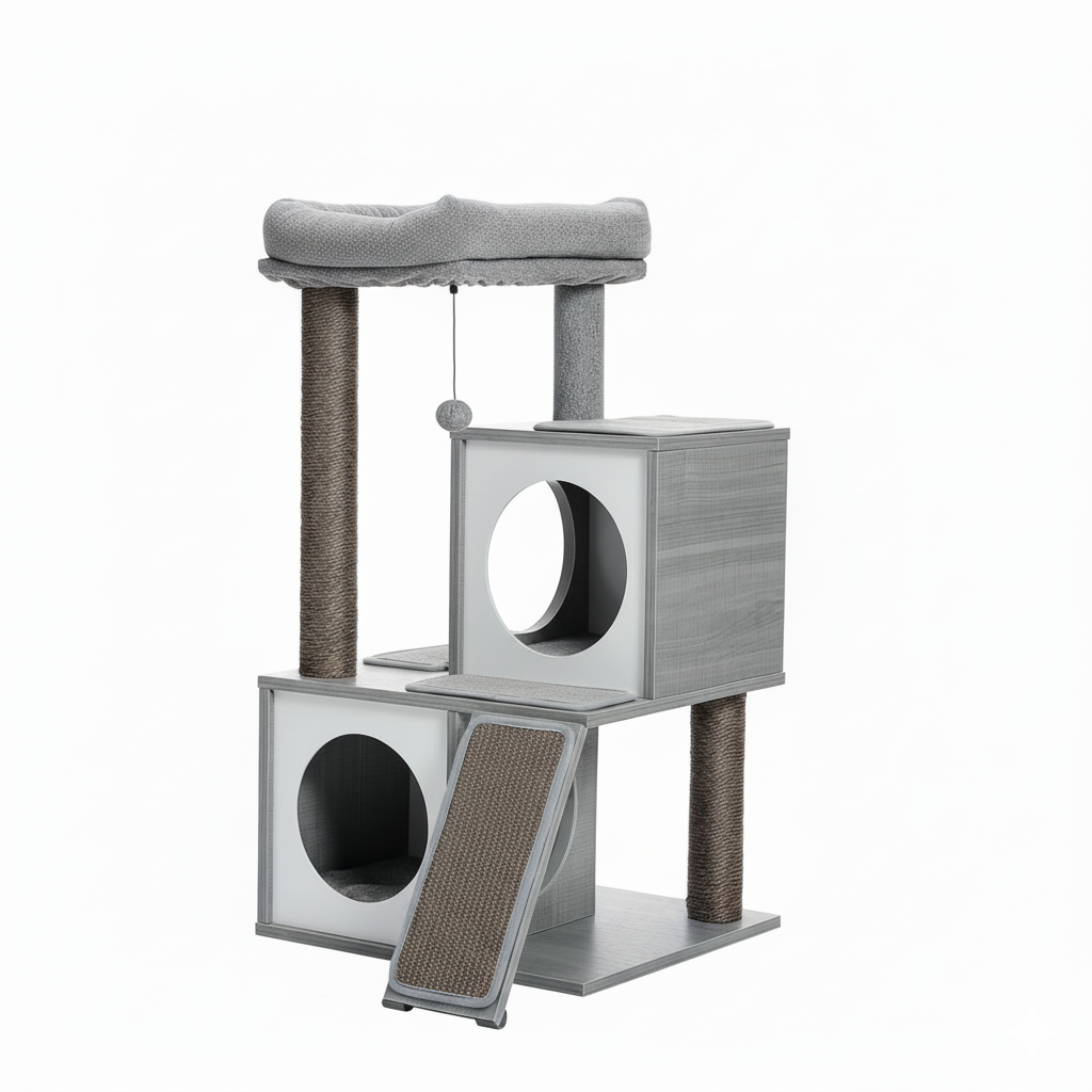 Arbre à Chat Gris 130 cm avec 2 Niches, Hamac Douillet et Griffoirs en Sisal