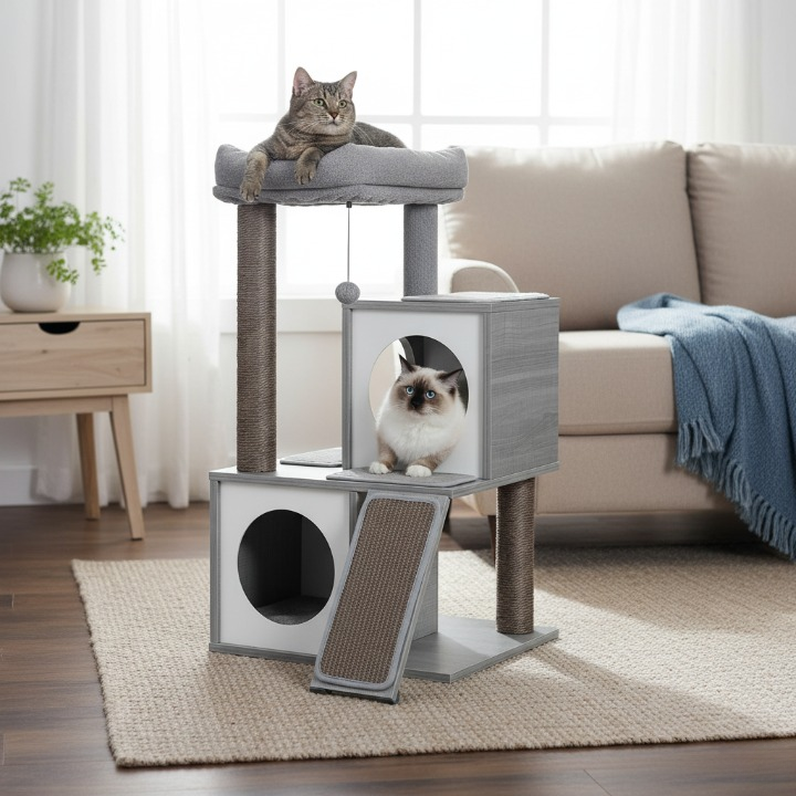 Arbre à chat gris 130 cm avec niches, hamac et griffoirs sisal