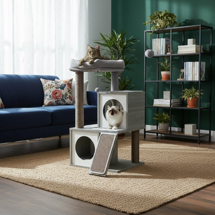 Arbre à Chat Gris 130 cm avec 2 Niches, Hamac Douillet et Griffoirs en Sisal