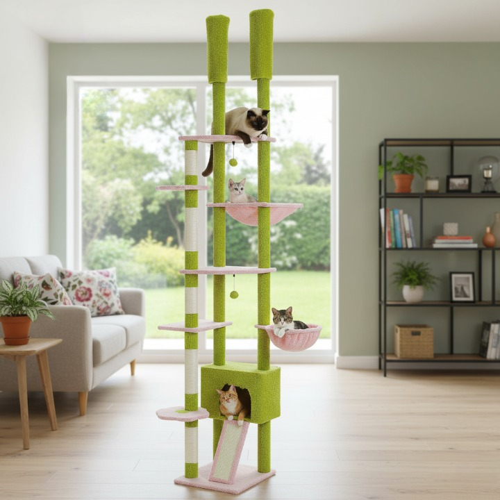 Arbre à Chat Cactus du Sol au Plafond avec Hamac, Niche et Griffoirs