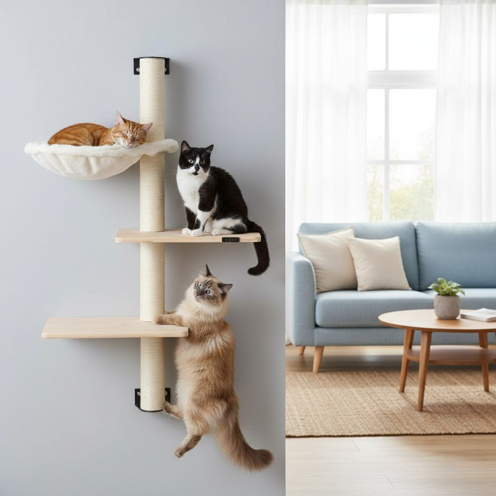 Arbre à Chat Mural 104 cm – Griffoir et Aire d’Escalade pour Chats