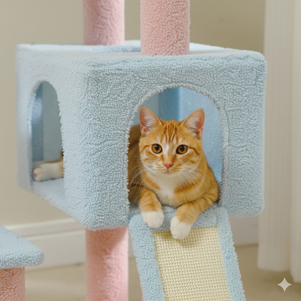 Arbre à chat design Fleur avec hamac, rampe, jouets et poteaux à griffer en sisal