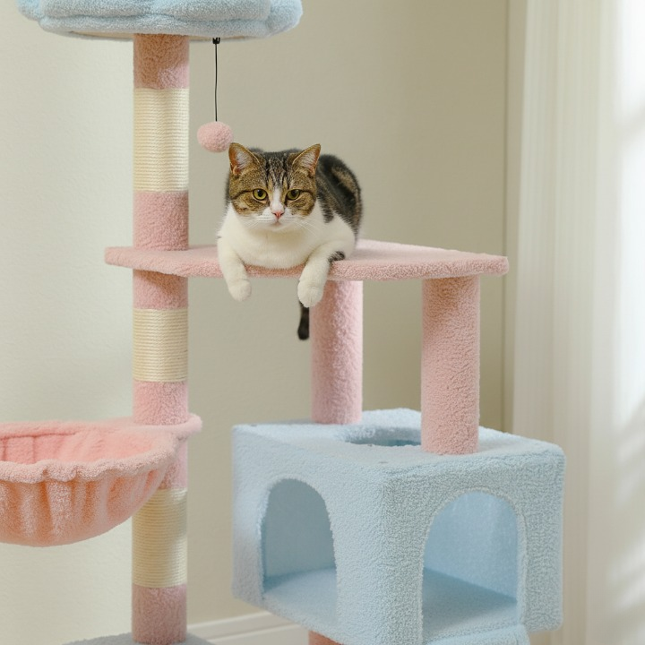 Arbre à chat design Fleur avec hamac, rampe, jouets et poteaux à griffer en sisal