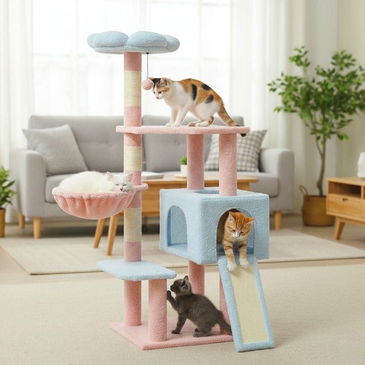 Arbre à chat design fleur avec hamac, jouets et sisal
