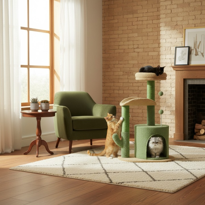 Arbre à chat design cactus avec griffoir sisal et maisonnette