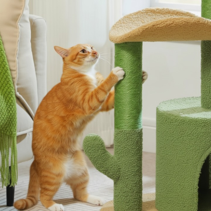 Arbre à chat design Cactus avec griffoir sisal, perchoir rembourré et maisonnette douce