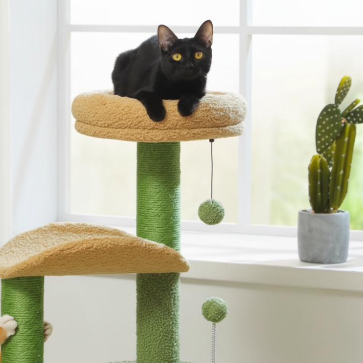 Arbre à chat design Cactus avec griffoir sisal, perchoir rembourré et maisonnette douce
