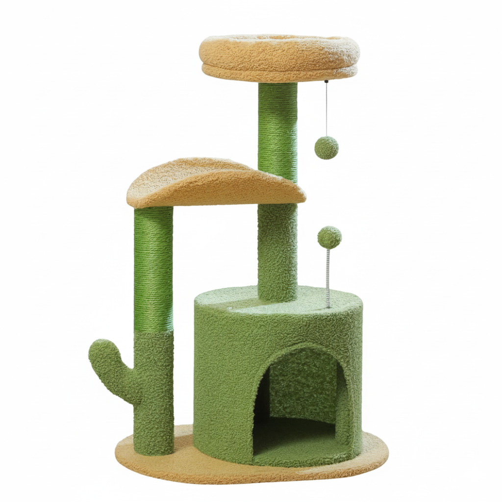 Arbre à chat design cactus avec griffoir sisal et maisonnette