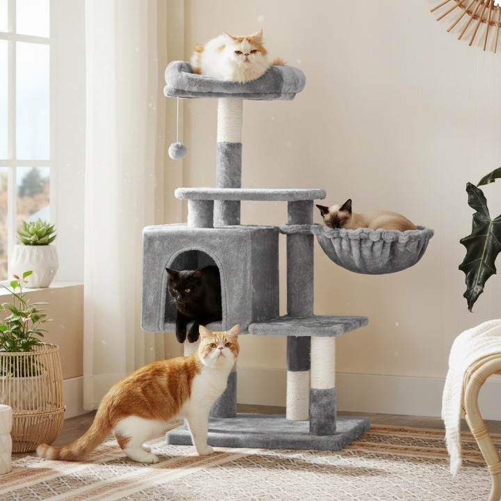 Arbre à chat multi-niveaux 110 cm – Tour pour chat grise avec condo et perchoirs