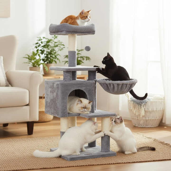 Arbre à chat multi-niveaux 110 cm – Tour pour chat grise avec condo et perchoirs