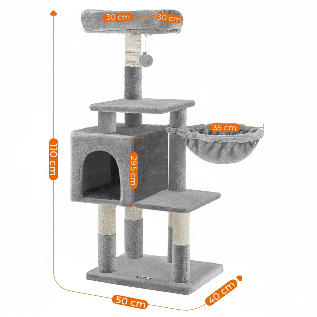 Arbre à chat multi-niveaux 110 cm – Tour pour chat grise avec condo et perchoirs