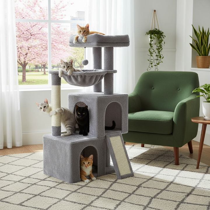 Arbre à chat gris 105 cm avec griffoirs et jouets