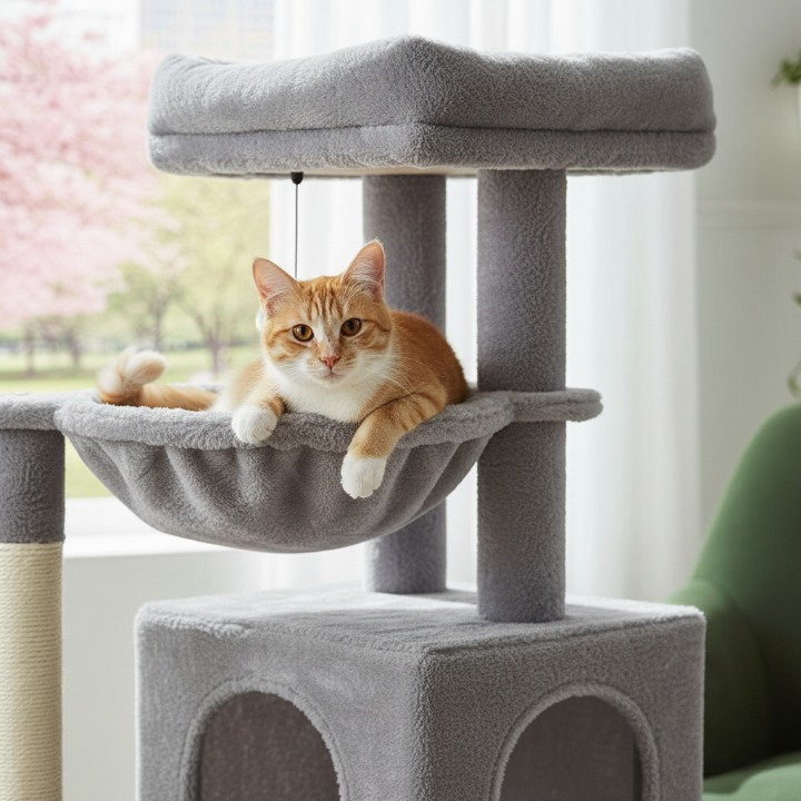 Arbre à chat gris 105 cm avec griffoirs et jouets