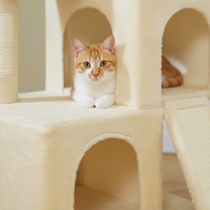 Arbre à chat beige 105 cm avec griffoirs et jouets