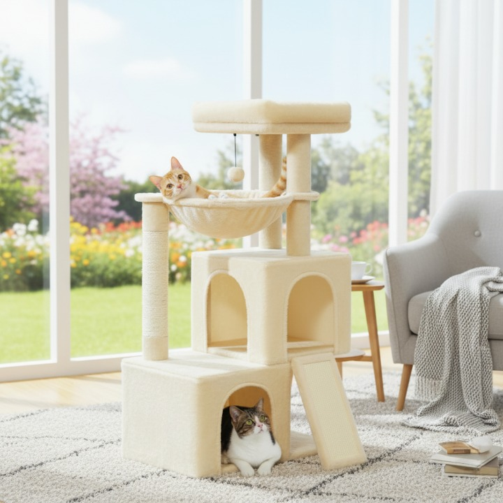 Arbre à chat beige 105 cm avec griffoirs et jouets