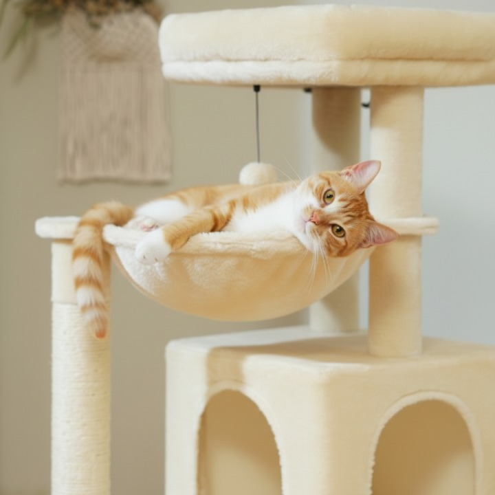 Arbre à chat beige 105 cm avec griffoirs et jouets