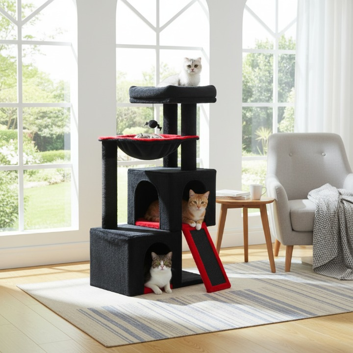 Arbre à chat noir 105 cm avec griffoirs et jouets