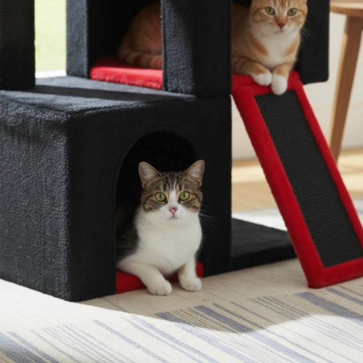 Arbre à chat noir 105 cm avec griffoirs et jouets