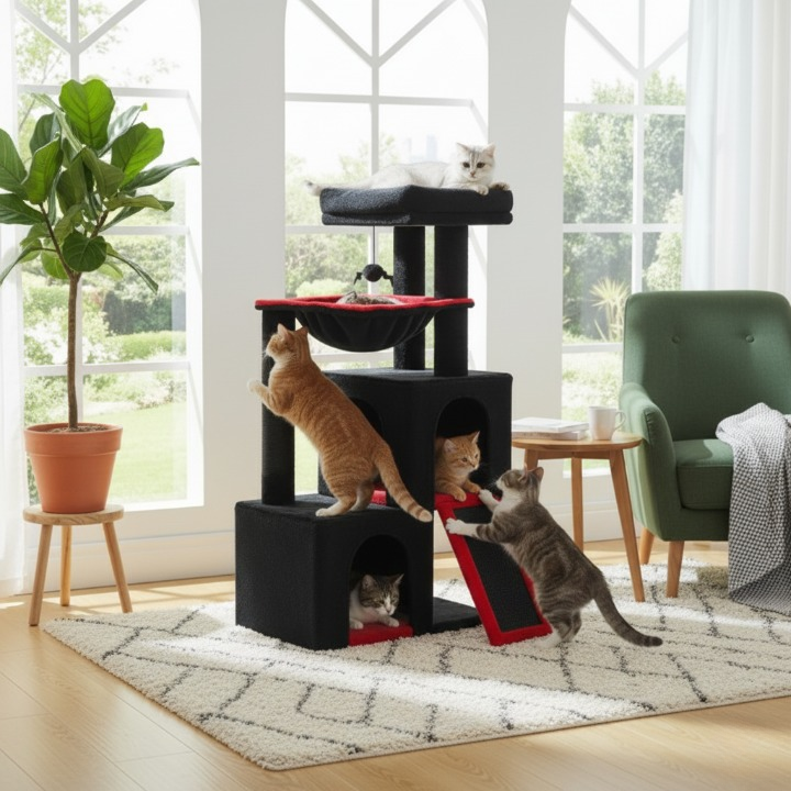 Arbre à chat noir 105 cm avec griffoirs et jouets