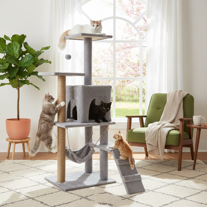 Arbre à chat gris 126 cm avec griffoirs, perchoir et hamac