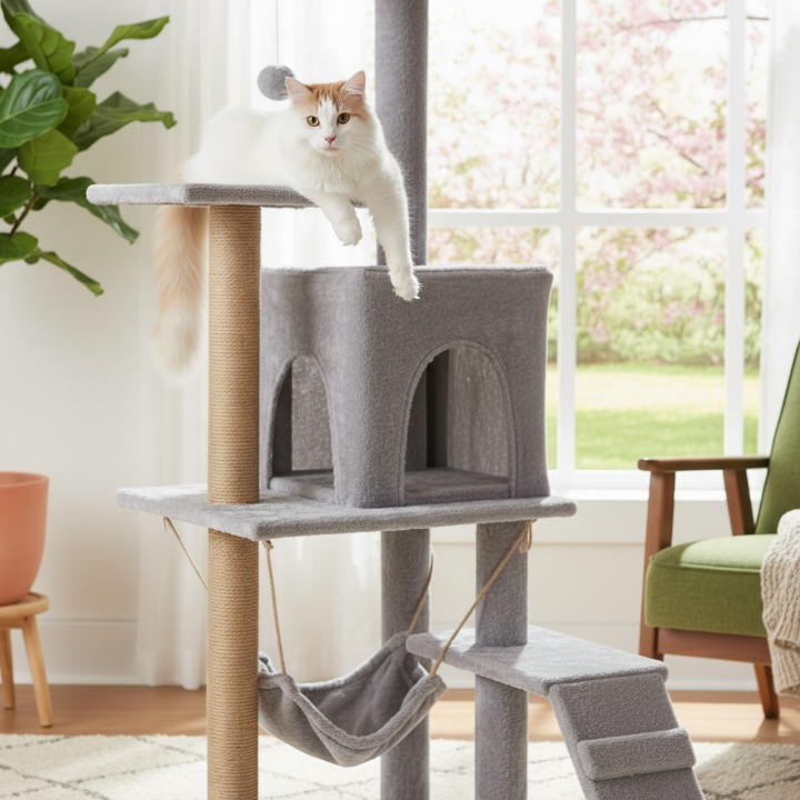 Arbre à chat gris 126 cm avec griffoirs, perchoir et hamac