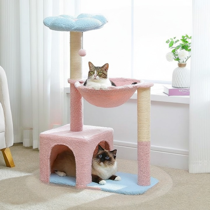 Arbre à chat fleur rose avec hamac et griffoirs en sisal