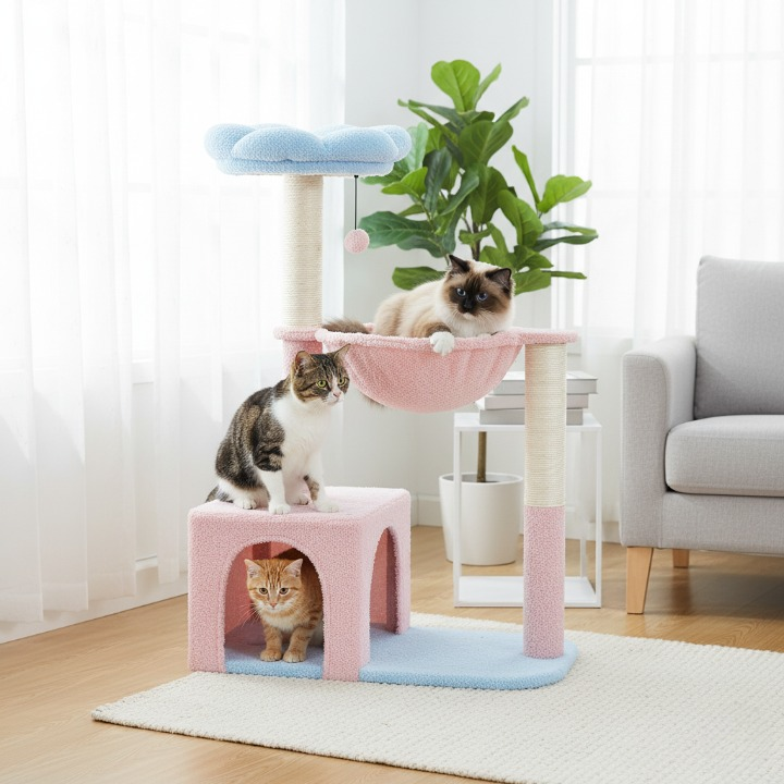 Arbre à chat fleur rose avec hamac et griffoirs en sisal
