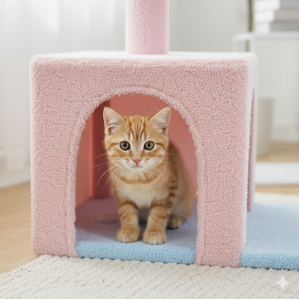 Arbre à chat fleur rose avec hamac et griffoirs en sisal